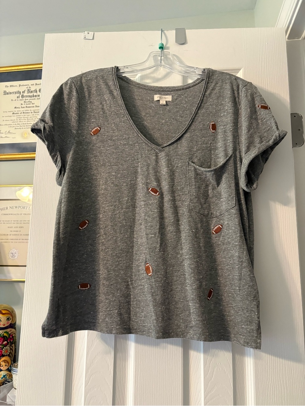 Pilcro Gray V-Neck Pocket Tee with Football Embroidery
